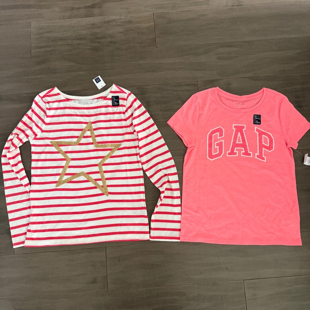 GAP Girls Two-Piece Pink Logo Tee & White-Pink Striped Star Long Sleeve